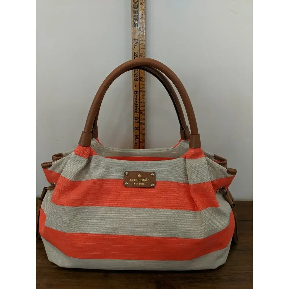Kate Spade Jubilee Stripe Stevie Shoulder Bag Orange/Khaki Canvas EUC